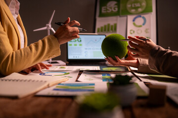 Businesswomen discussing sustainable esg strategy planning