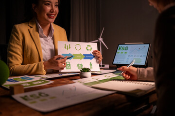 Business women discussing esg strategy and sustainability report
