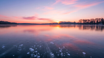 Fototapeta premium Ethereal Sunrise Reflections on a Frozen Lake