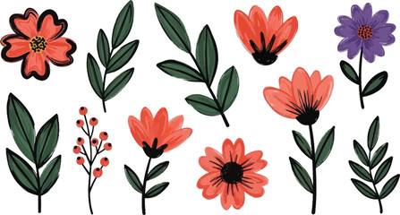 A collection of colorful hand drawn style floral and leaf illustrations