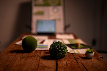 Office desk with plants presenting sustainable business concepts