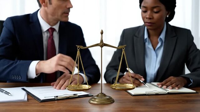 Lawyers at table with scales, discussing legal paperwork
