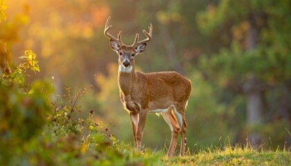 A majestic buck with large antlers stands proudly in a sun-drenched forest clearing