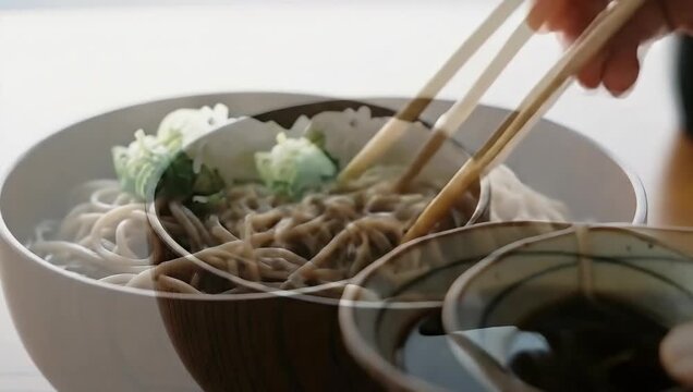 Chopsticks lifting soba noodles for dipping in tsuyu sauce.