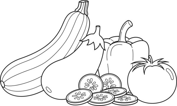 A simple line drawing showcasing various vegetables zucchini pepper tomato and cucumber