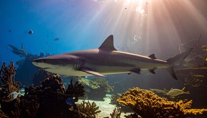 A stunning underwater scene features a sleek shark gracefully swimming in its natural habitat, bathed in sunlight