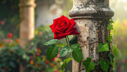 A vibrant red rose blooms next to a weathered stone pillar in a sun-drenched garden setting