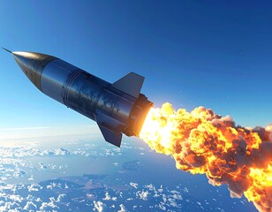 Obraz premium Rocket launches with fire and smoke against a backdrop of the sky