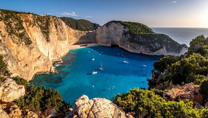 Obraz premium Aerial view captures a sunlit cove with turquoise waters, cliffs, beach, and boats