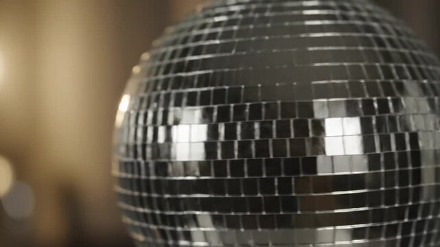 Close-up of a disco ball, illuminated, reflective surface with squares. Shallow focus, soft background