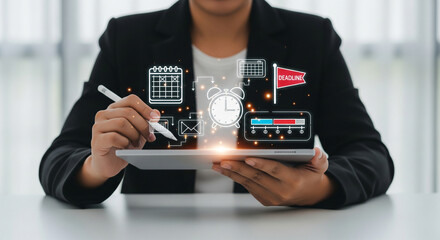 Professional using tablet with stylus for digital time management, interacting with holographic calendar, clock, and deadline icons.