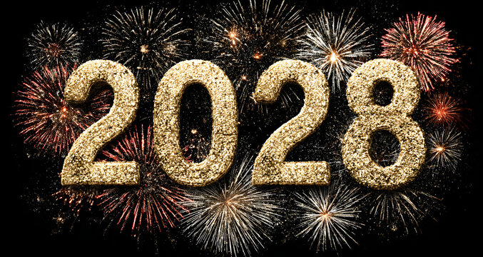 2026 We wish you Happy New Year modern golden trendy bold design numbers with line neon numbers over and glitter sparkle firework abstract gold white black greeting card