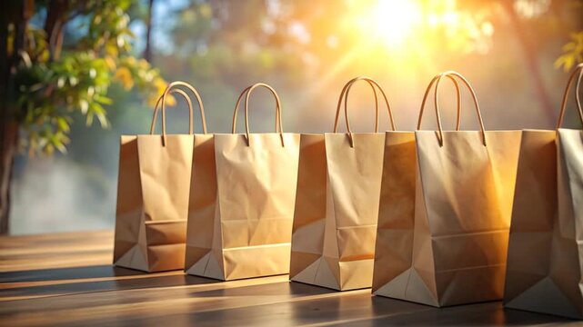 Shopping bags lined up on a wooden surface with sunlight.