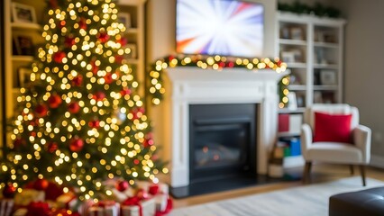 Warm and cozy christmas living room with a glowing christmas tree, fireplace, and festive holiday decorations bokeh.