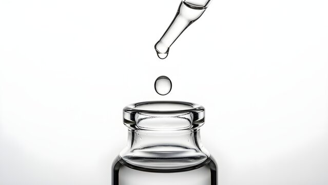 Clear liquid dripping from pipette into glass bottle