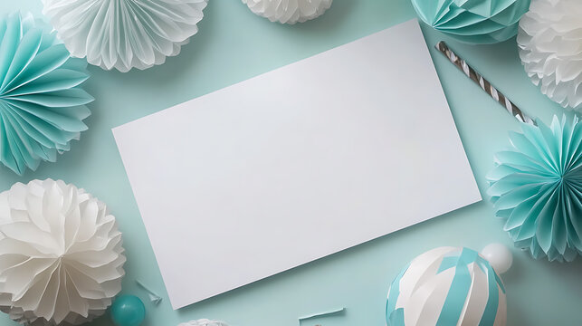 Elegant stationery flat lay with blank card, pastel decorations, and decorative party elements on light blue background. Perfect for invitations and personalizing messages.