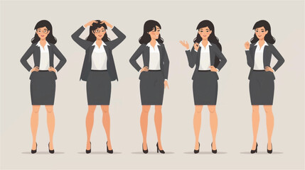 Obraz premium A vector illustration presents a stylish businesswoman in various poses, showcasing confidence, thought, and engagement in a professional setting.