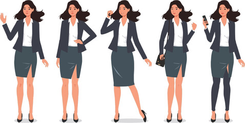 Obraz premium Collection of five vector illustrations showing a young businesswoman in different poses and professional attire.