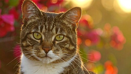 Cat portrait in sunlight with bokeh background.