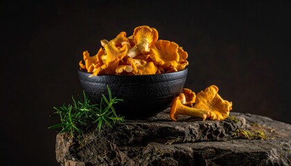 Chanterelle Mushrooms in a Black Bowl.