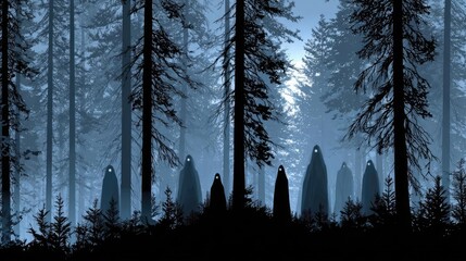 A deep forest with ghostly forms at dusk concept. Mysterious figures in a dark forest create an eerie atmosphere.