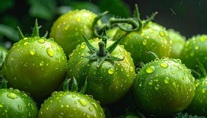 Close-up of dewy, unripe tomatoes, clustered together, showcasing vibrant green hues