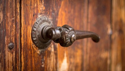 Close-up of a weathered wooden door featuring a detailed, ornate metal door handle