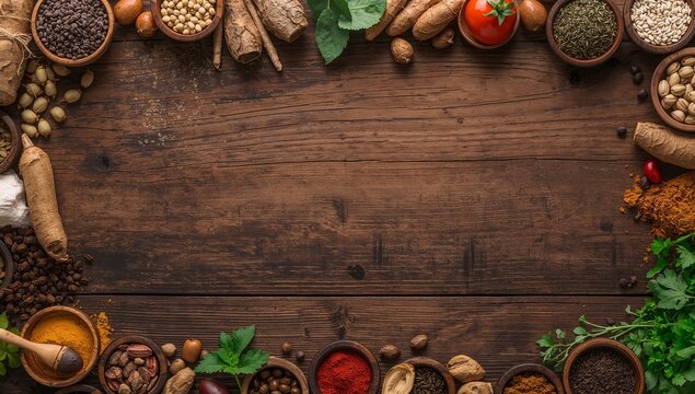 Culinary ingredients frame various spices herbs and vegetables on rustic wooden background - Powered by Adobe