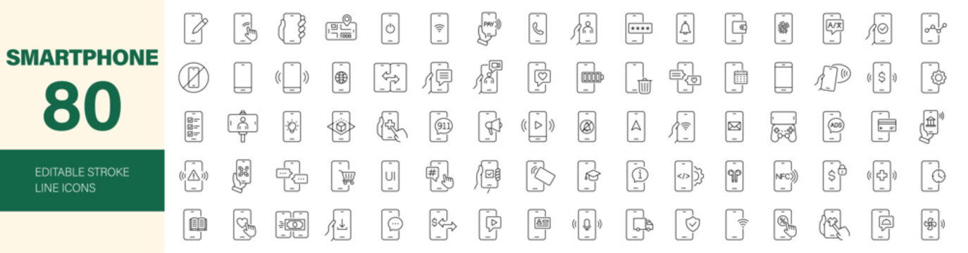 Smartphone icon set. Editable line icons. Vector illustration.	