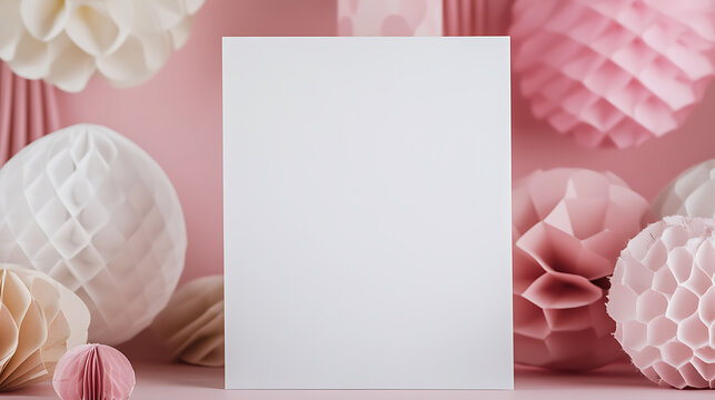A pastel party scene with pink and white paper decorations. A white card stands in the foreground, offering a clean space. The backdrop of soft pink adds a touch of elegance.