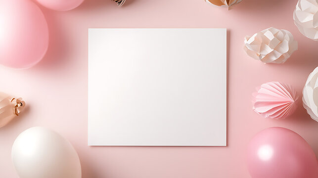 Delicate pastel pink backdrop featuring a blank white canvas surrounded by balloons and paper decorations, offering a serene and versatile space for your personal touch.