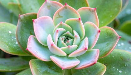 Closeup of succulent plant with water droplets.