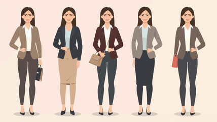 Obraz premium Five professional women showcasing various business casual and formal office outfits.