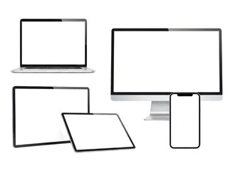 Fototapeta premium Modern digital devices displayed together laptop tablet smartphone and desktop computer mockup transparent background