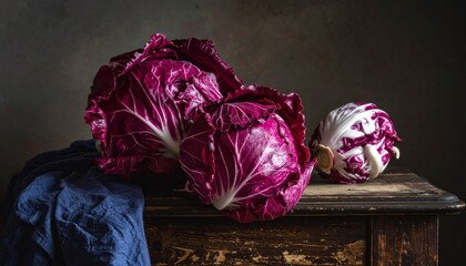 Close-up still life featuring three vibrant red cabbages on a rustic wooden table