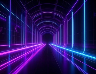 A vibrant, futuristic tunnel with neon purple and blue lights creating an illusion of depth and movement against a dark background