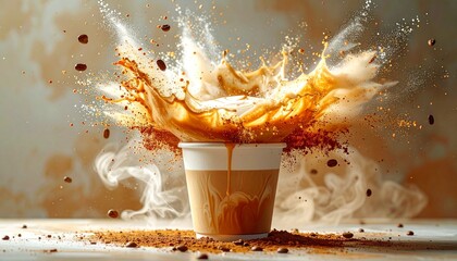 Coffee explosion in disposable cup.