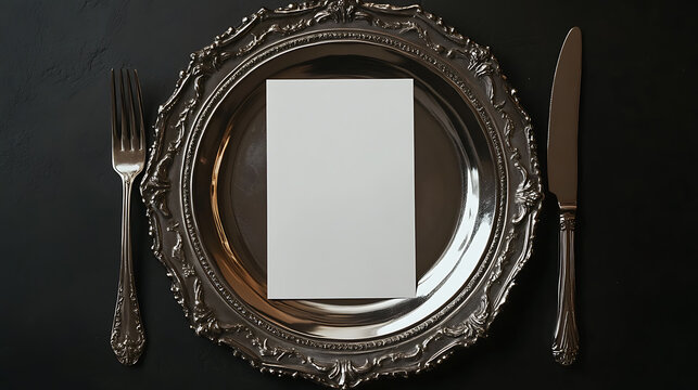 A vintage silverware set against a dark backdrop, featuring an ornate plate with a blank card, accompanied by a fork and knife, showcasing an elegant and antique aesthetic.