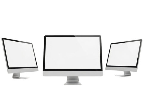 Three realistic computer monitors displaying grey screens in a row transparent background