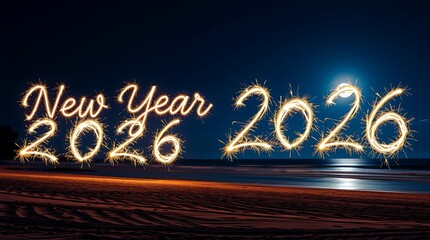 Sparkling New Year 2026 greetings on the beach under the moonlight, a magical and festive celebration to welcome the future year with joy and hope