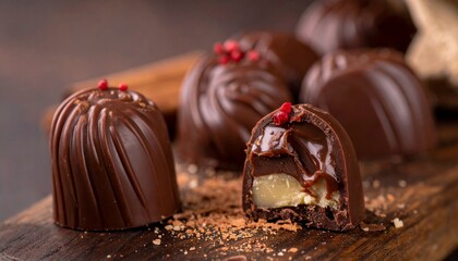 A close-up shot of multiple dark chocolate truffles, one cut open to reveal the creamy filling
