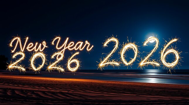 Sparkling New Year 2026 greetings on the beach under the moonlight, a magical and festive celebration to welcome the future year with joy and hope