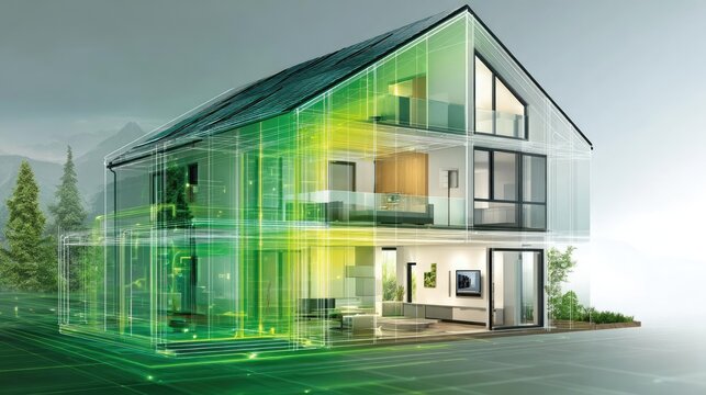 Eco friendly house on blueprints concept. Modern house design featuring sustainable energy solutions.