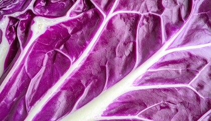Close-up of vibrant, textured purple cabbage leaf with prominent white veins, showcasing natural beauty