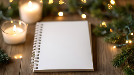 Cozy Holiday Vibes: A Blank Notebook, Warm Candles, and Festive Lights Invite Reflection and Planning for a Joyful Season on Wooden Surface