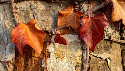 Close-up of vibrant orange and red ivy leaves creeping on a weathered stone wall in sunlight