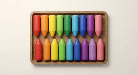 Colorful set of new wax crayons arranged in a rainbow spectrum inside a wooden tray, viewed from a top-down perspective on a white surface