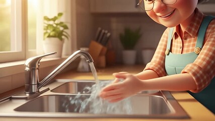 An animated grandmother washing her hands in a kitchen sink, demonstrating good hygiene practices.