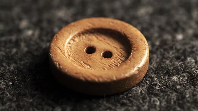 Close-up of a Wooden Button on a Dark Fabric Surface.