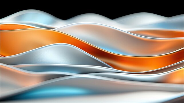 An abstract image featuring layered wavy shapes in metallic colors of silver, orange, and blue against a black background.